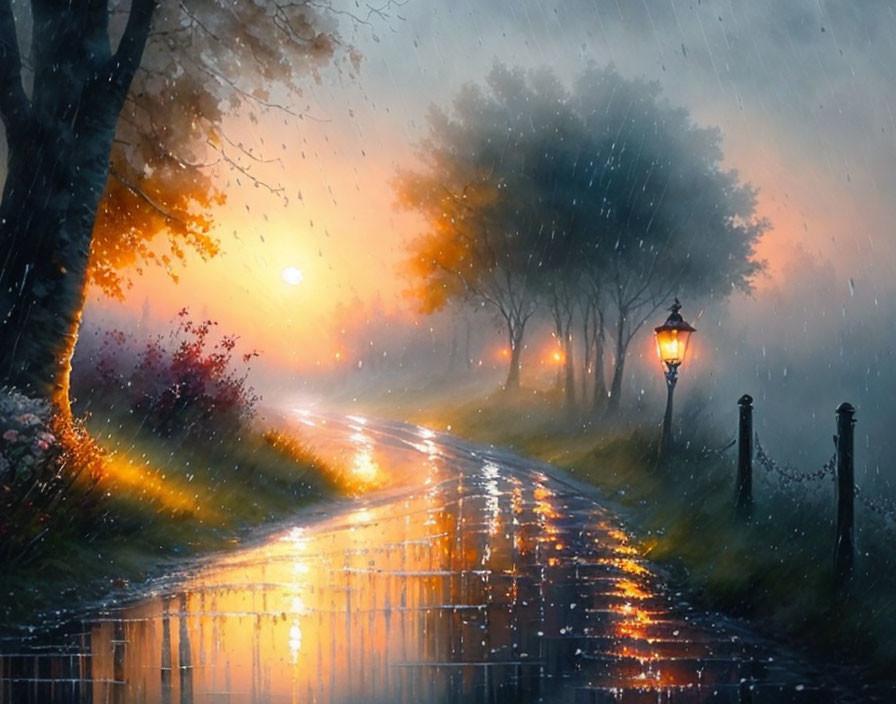 Rainy Evening with Glowing Sunset, Reflective Path, Lamp Posts, Trees, Mystical Atmos