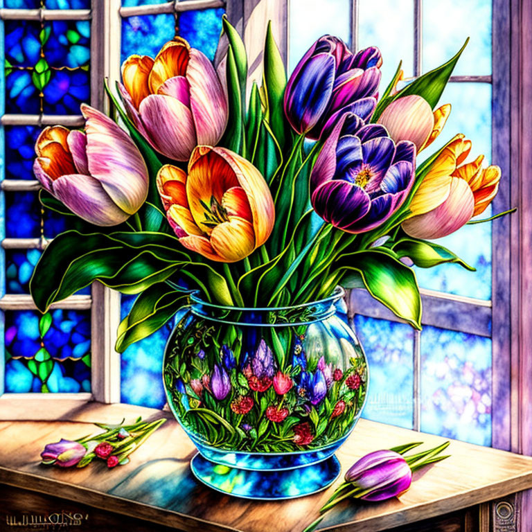 Colorful Tulip Bouquet in Blue Vase on Wooden Table near Stained-Glass Window