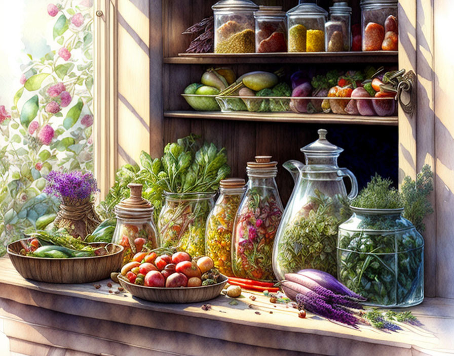 Rustic kitchen shelf with colorful preserved vegetables, fresh tomatoes, and glass jug.