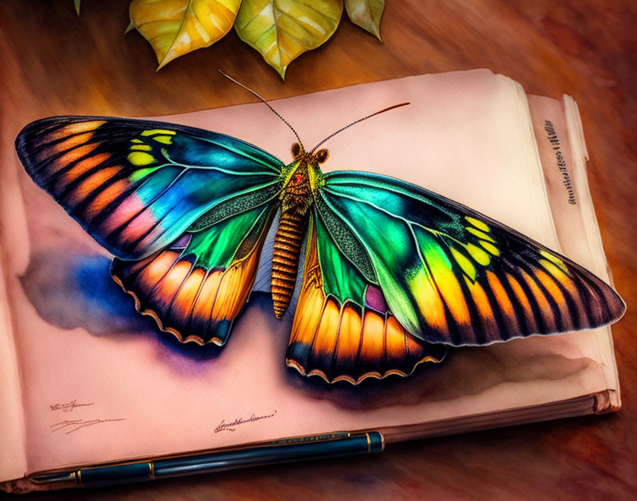 Colorful Butterfly Illustration on Open Sketchbook with Pen - 3D Effect on Wooden Surface