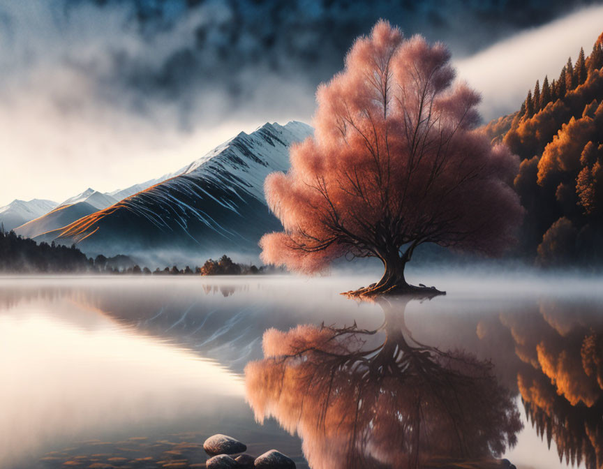 Autumn tree by tranquil lake with snowy mountains and cloud-streaked sky