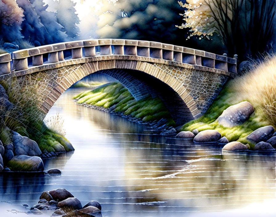 Tranquil watercolor painting of stone bridge over serene river