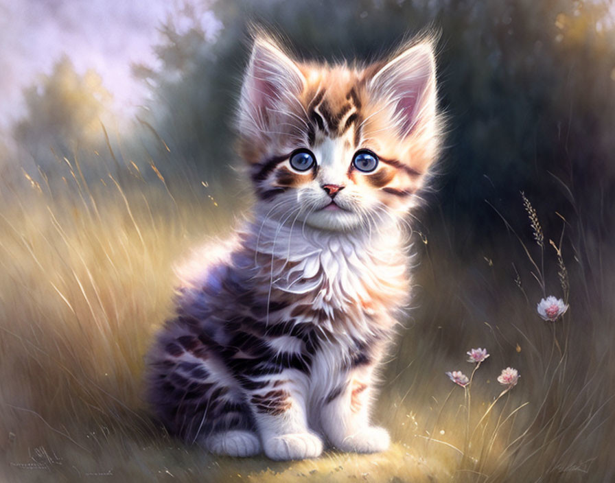 Fluffy kitten with blue eyes in flower field gazes innocently