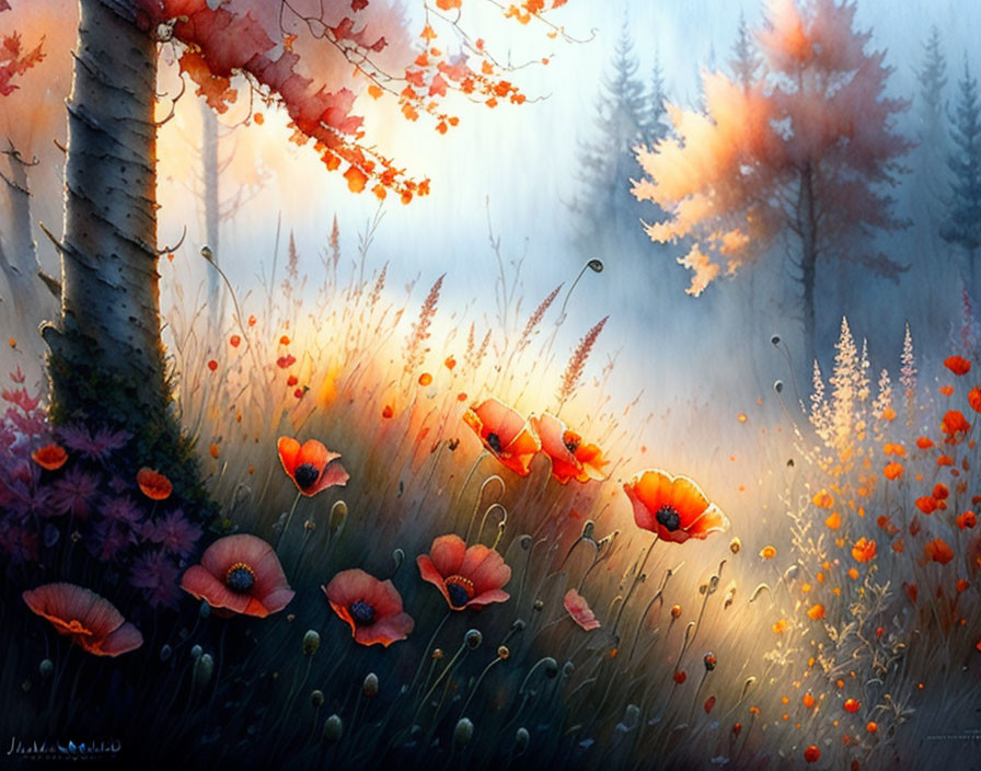 Tranquil Autumn Forest with Red Poppies and Misty Trees