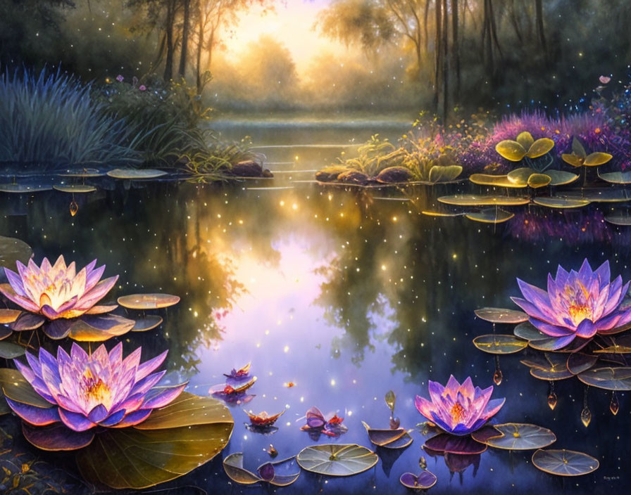 Tranquil pond with vibrant purple water lilies at sunset