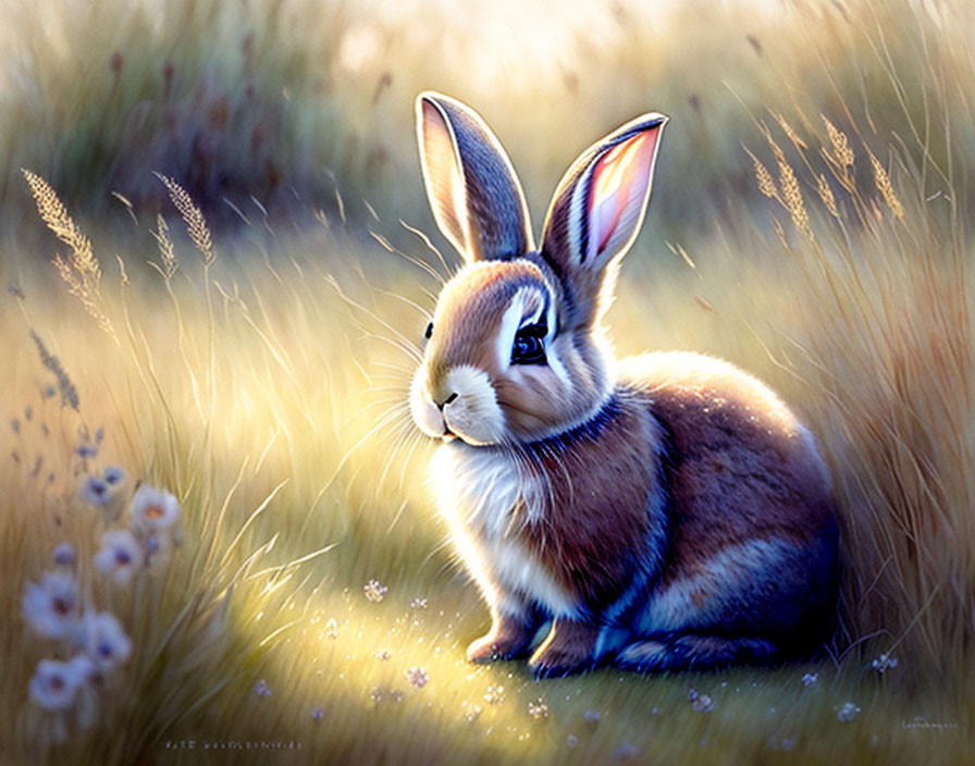 Realistic painting of rabbit in sunlit grassy field