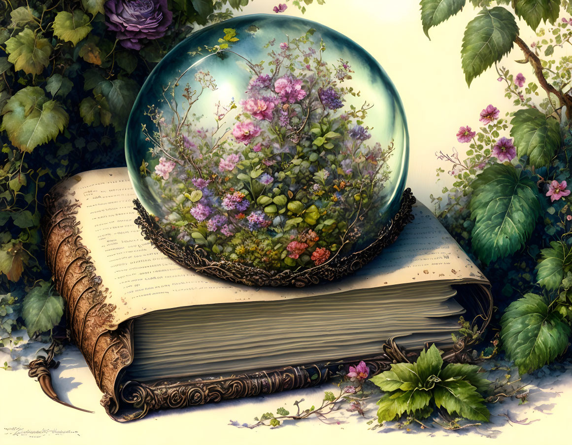 Glass Dome with Blooming Flowers on Antique Book Amid Greenery and Purple Rose