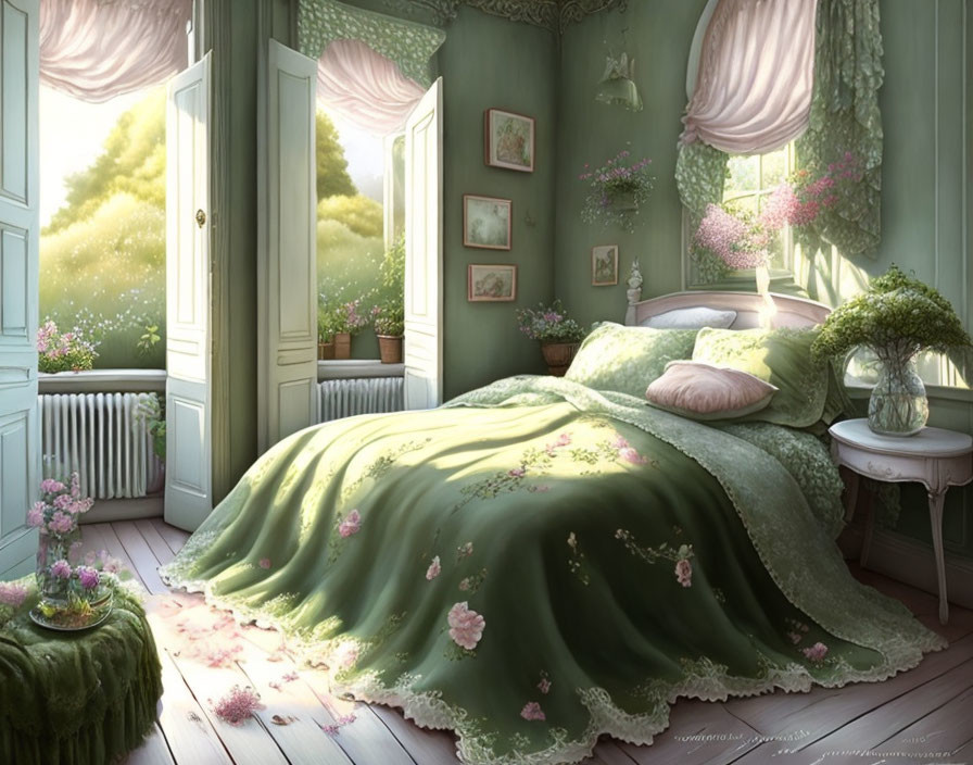 Green Floral Themed Bedroom with Cozy Bed and Open Door