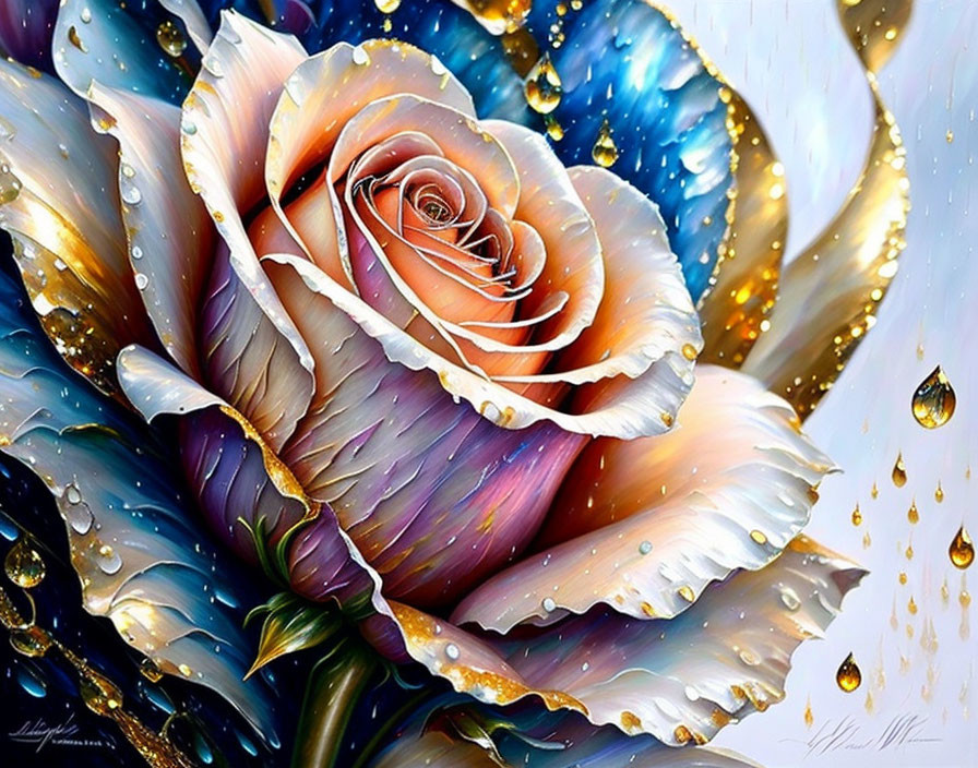 Multicolored rose with water droplets on blue and gold speckled background