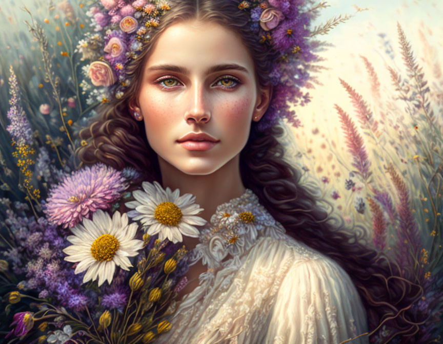 Woman in floral crown surrounded by vibrant flowers in ethereal setting