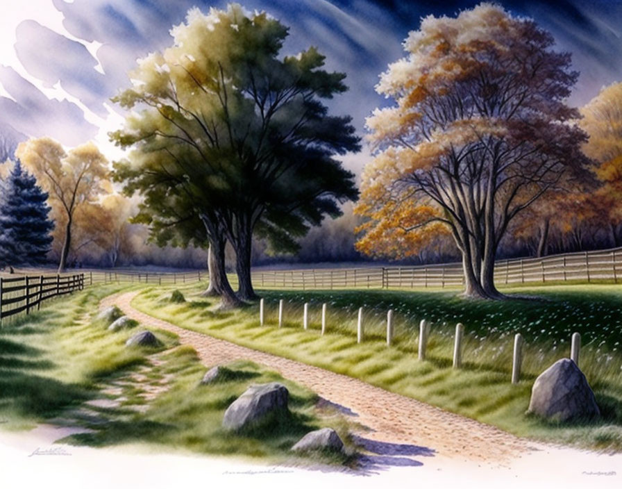 Tranquil landscape with path, trees, fence, and clouds