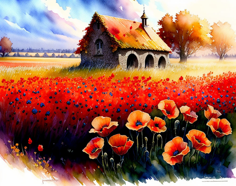 Chapel in Vibrant Field of Red Poppies and Blue Sky