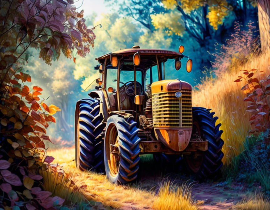 Yellow tractor in autumnal foliage under golden sunlight