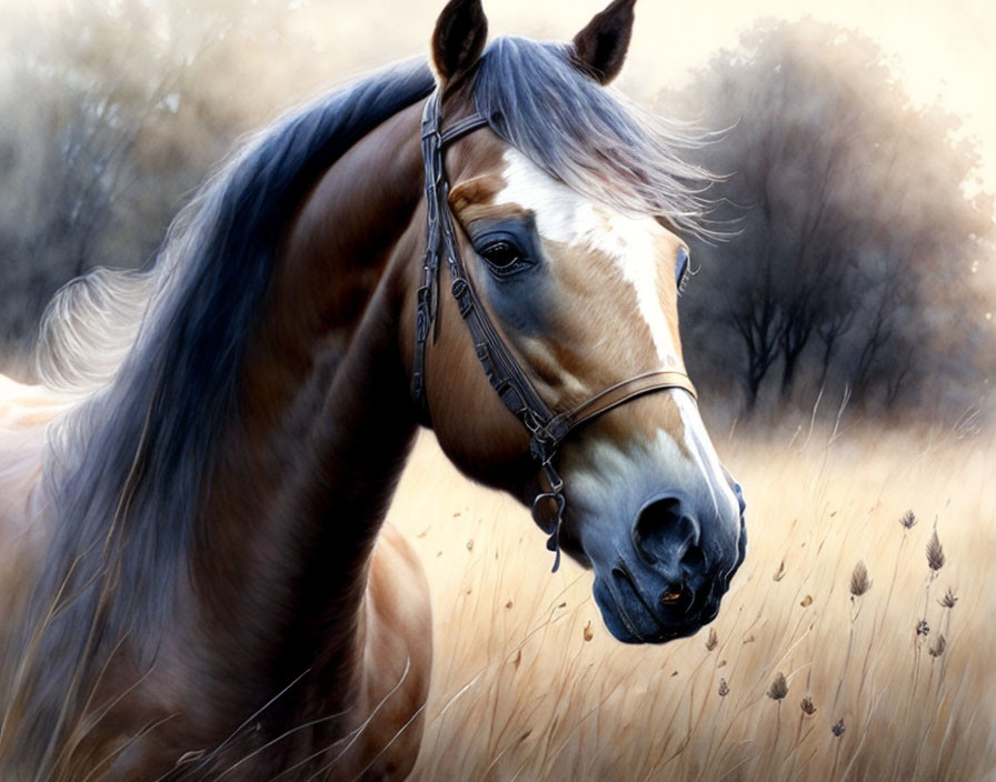 Brown and white horse with dark mane and bridle in grassy field