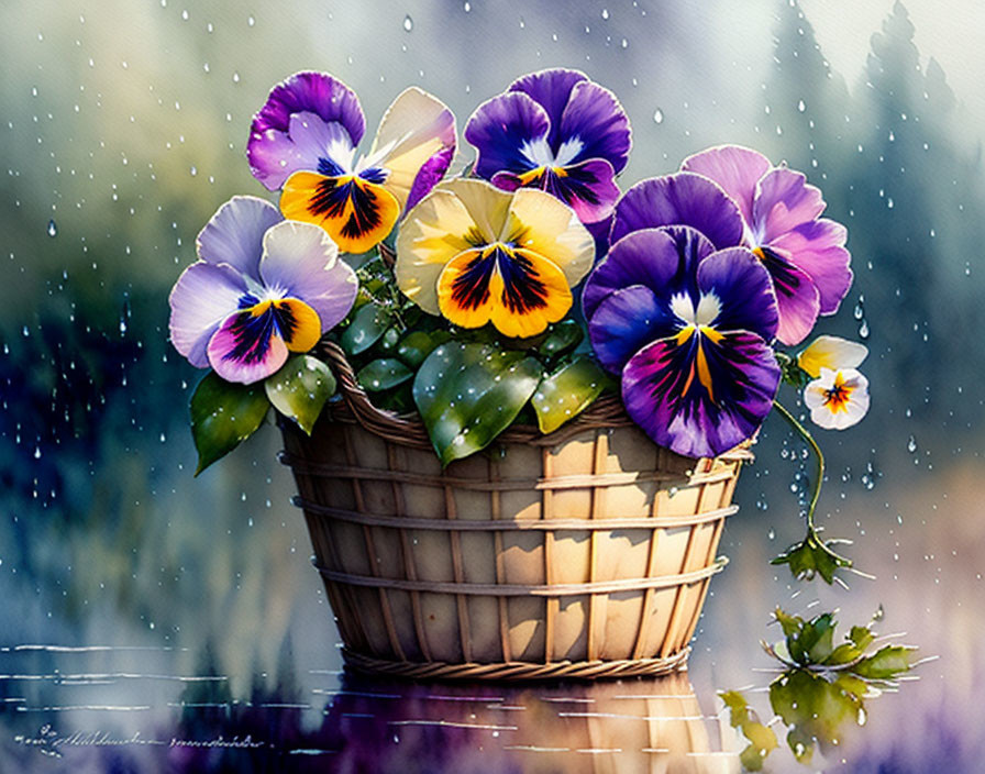 Colorful pansies in woven basket with blurred rain background