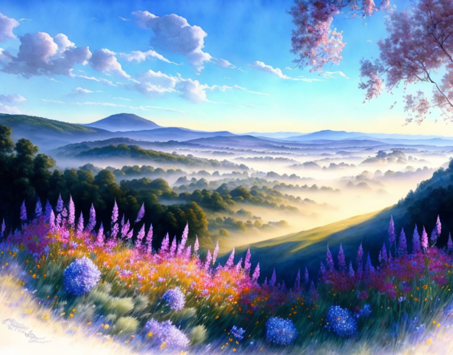 Misty hills, blooming flowers, and soft sunrise in serene landscape