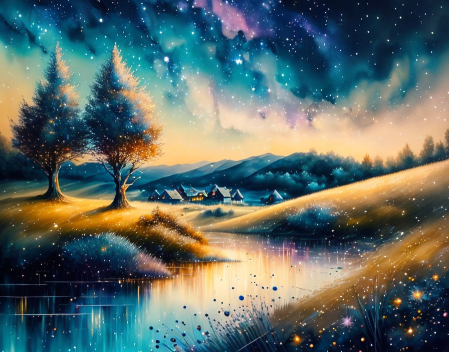 Tranquil nighttime landscape with starry sky, lake, fireflies, hills, trees, and