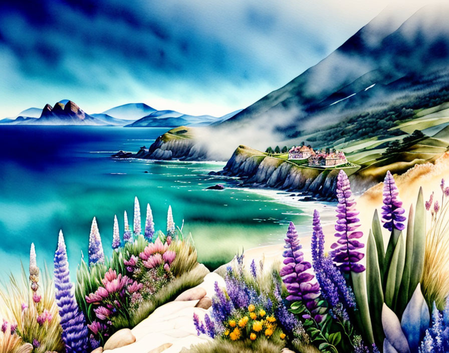 Coastal landscape painting with cliff-side house and lupine flowers.