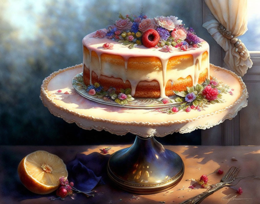 Glazed cake with flower decoration on golden stand by window, orange slice and purple cloth nearby