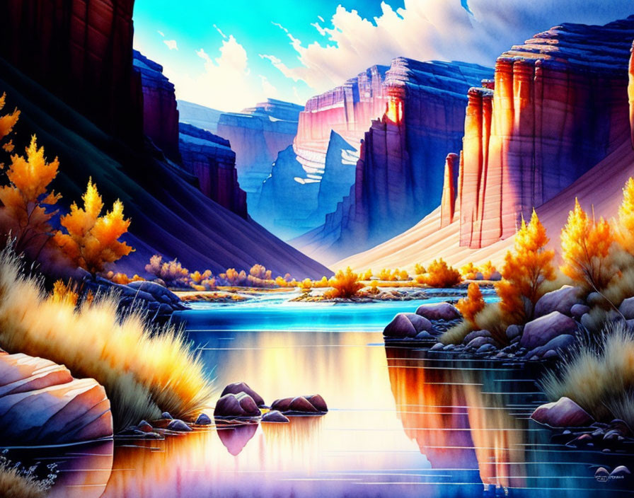 Colorful digital artwork: Serene river in vibrant canyon with autumn trees