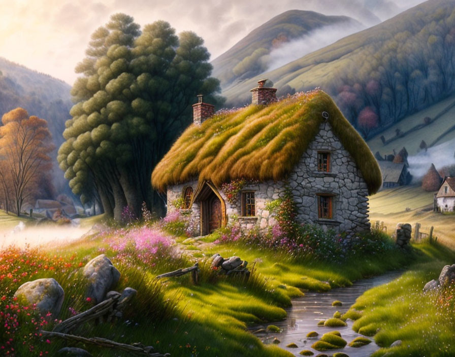 Quaint stone cottage with thatch roof in lush valley and rolling hills.