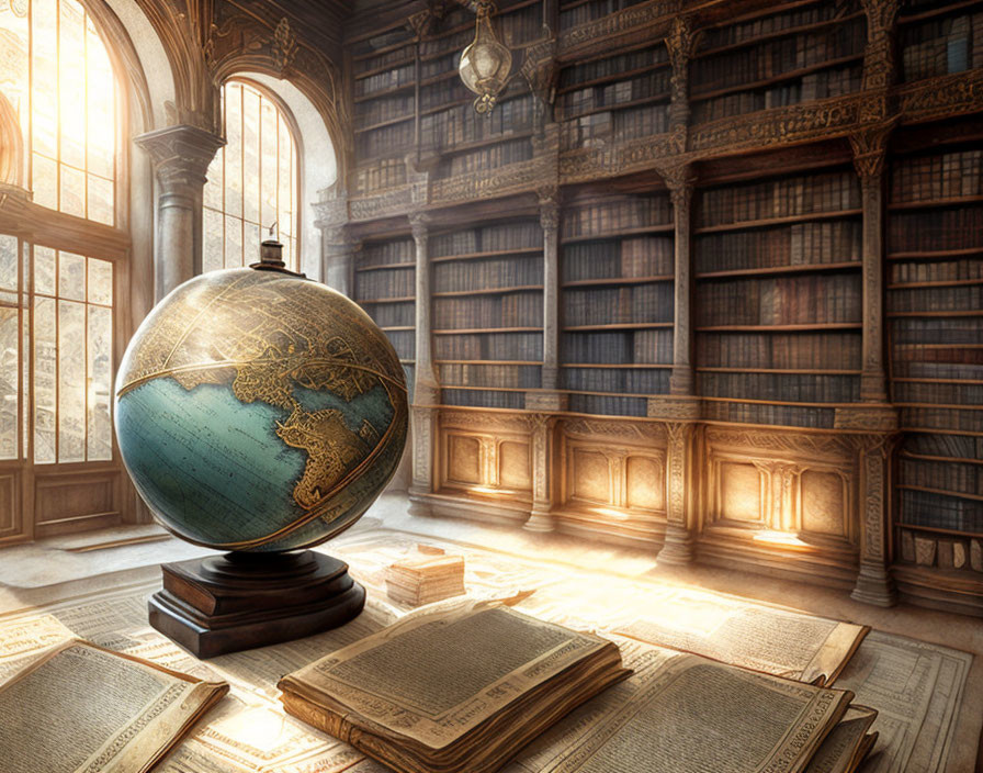 Vintage Globe and Open Books in Classic Library with Sunrays