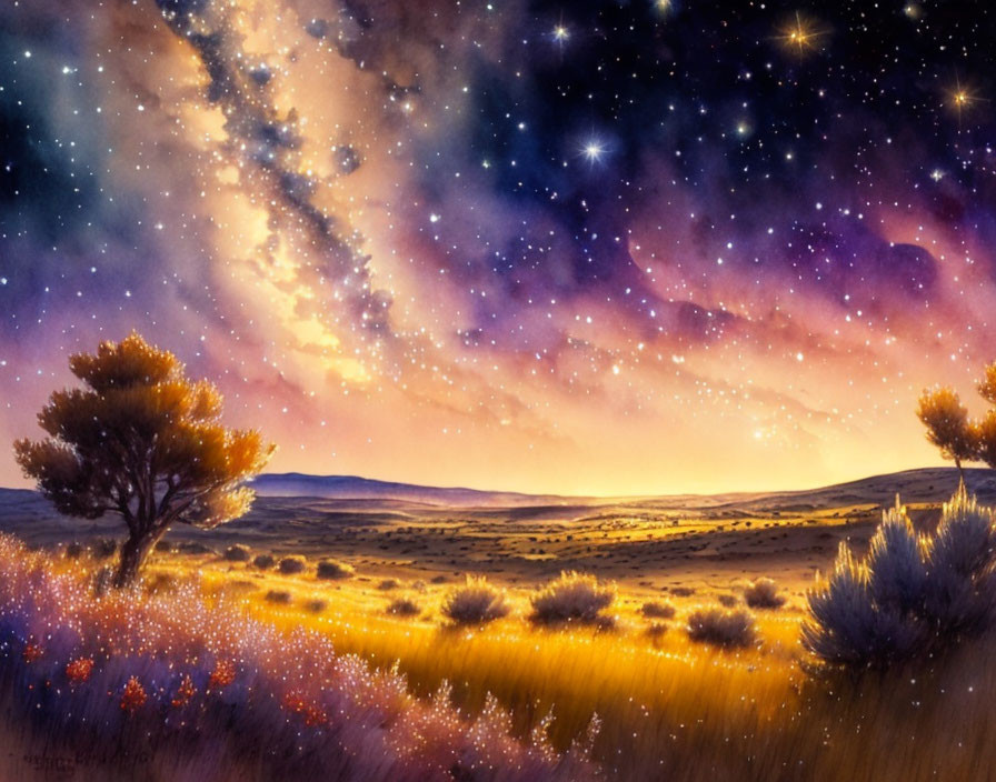 Vivid painting of starry night sky over rolling hills