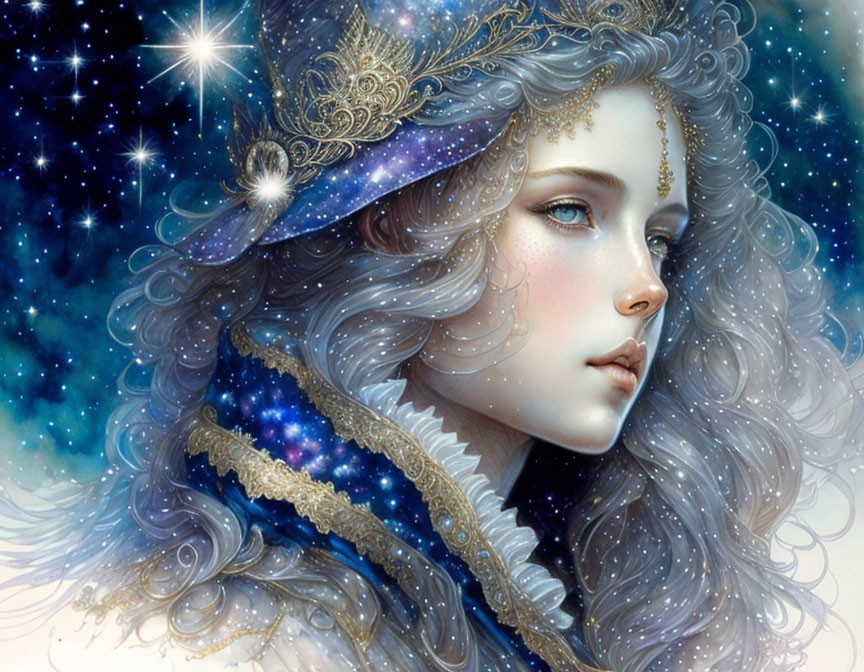 Fantasy illustration of woman with curly hair and gold jewelry