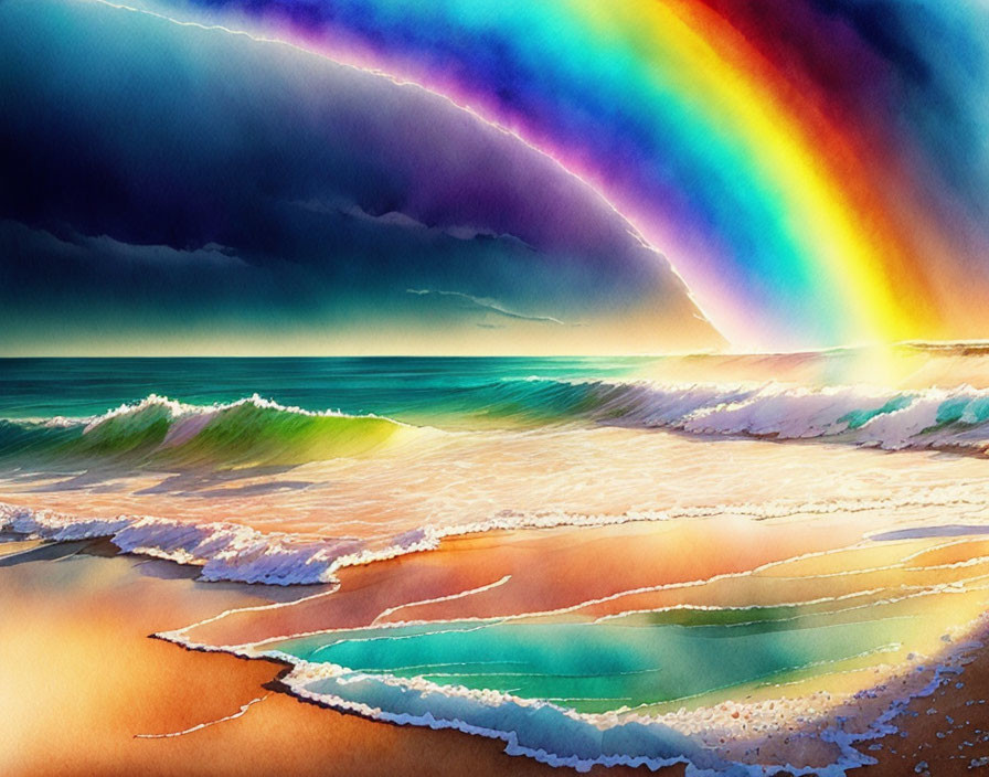 Colorful rainbow over beach with rolling waves under dramatic sky at sunset