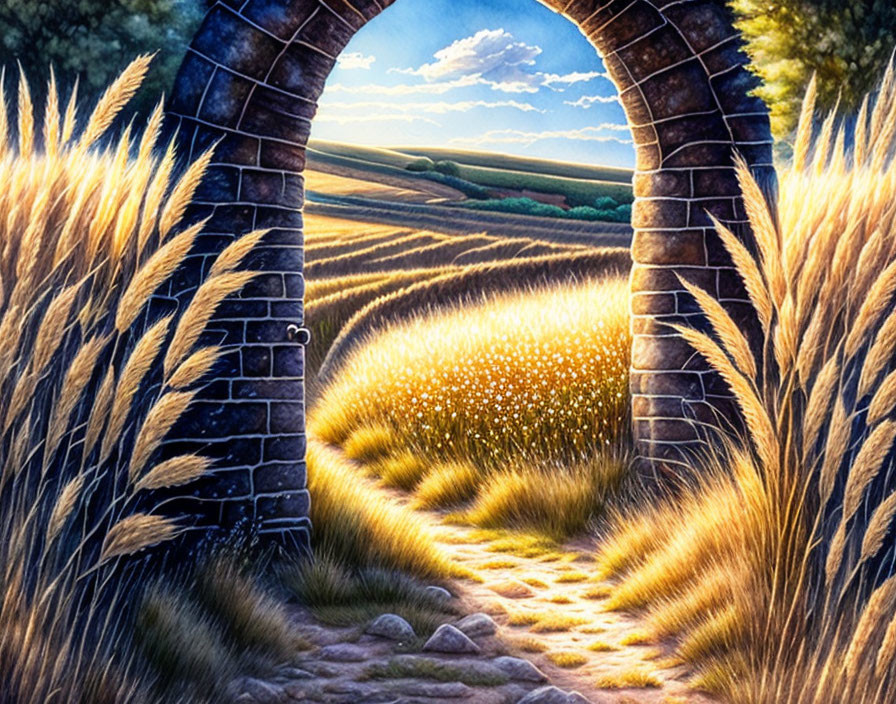 Countryside landscape with stone archway, wheat fields, and sunset sky