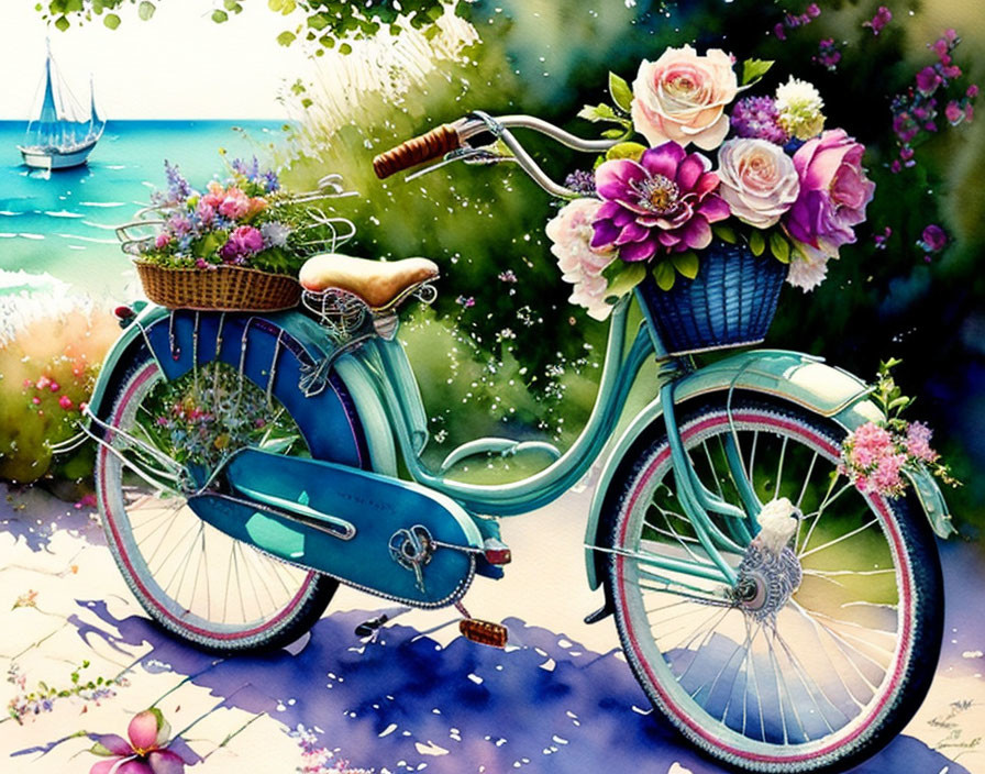 Vintage Blue Bicycle with Flower Baskets by Seaside Scenery