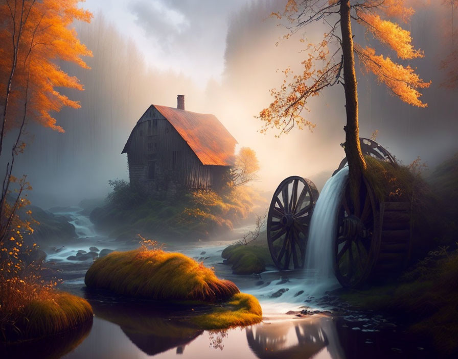 Tranquil autumn landscape with old watermill and foggy stream