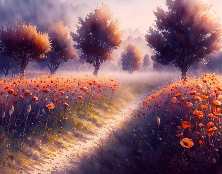 Misty trees and red poppies in dreamy landscape