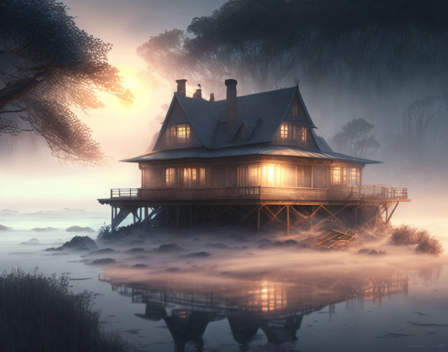 Victorian house on stilts in fog with warm lights, reflected on water, under mystical tree.