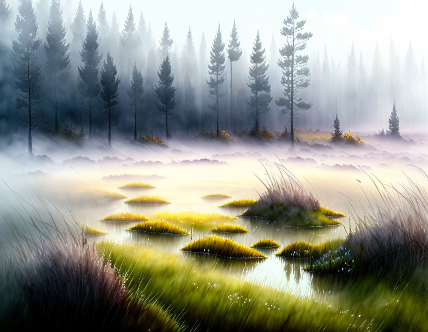 Tranquil marsh landscape with lily pads and coniferous forest