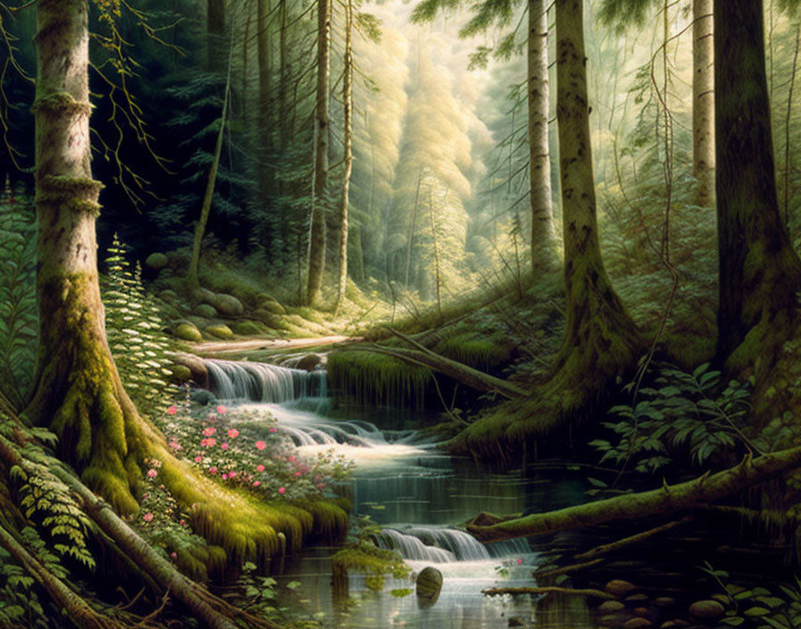 Tranquil forest landscape with waterfall, sunlight, and vibrant flowers