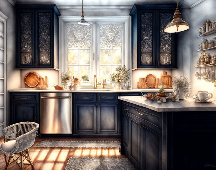 Sunlit Kitchen with Dark Blue Cabinetry & Brass Fixtures