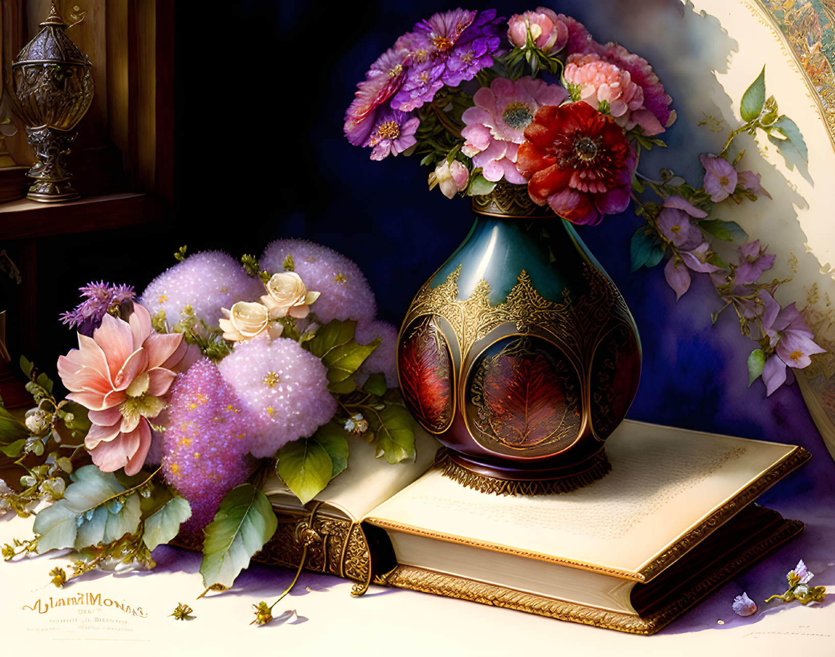 Vibrant floral arrangement on ornate vase with open book by window