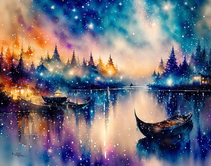 Watercolor painting: Starry night sky blending into lakeside scene