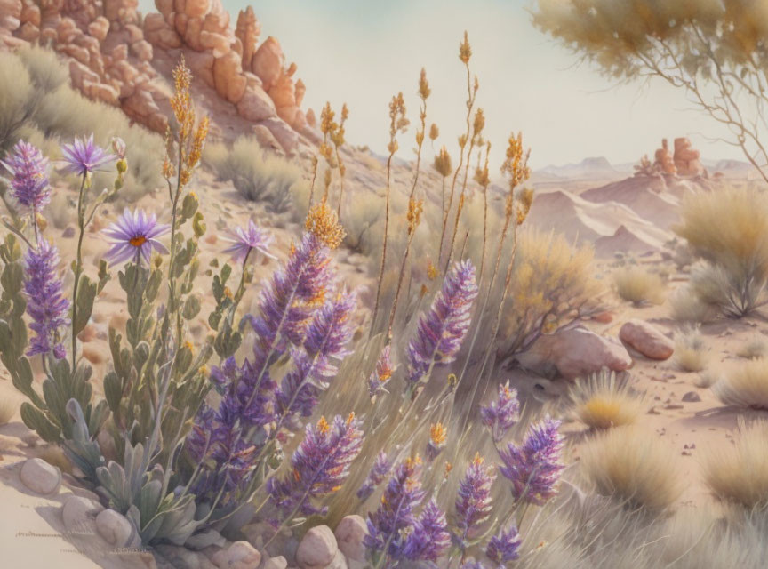 Purple wildflowers in serene desert landscape with rocky outcrops and sand dunes under hazy sky