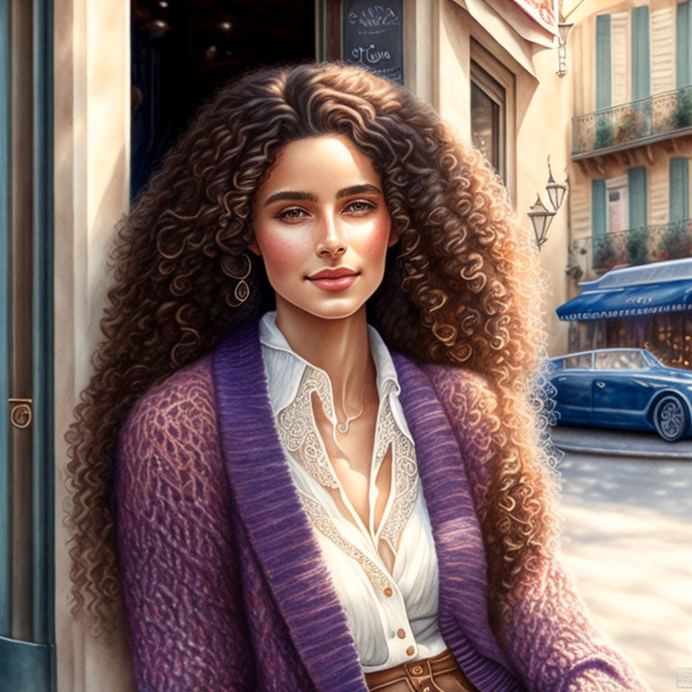 Digital painting: Woman with curly hair, green eyes, white blouse, purple cardigan, European street