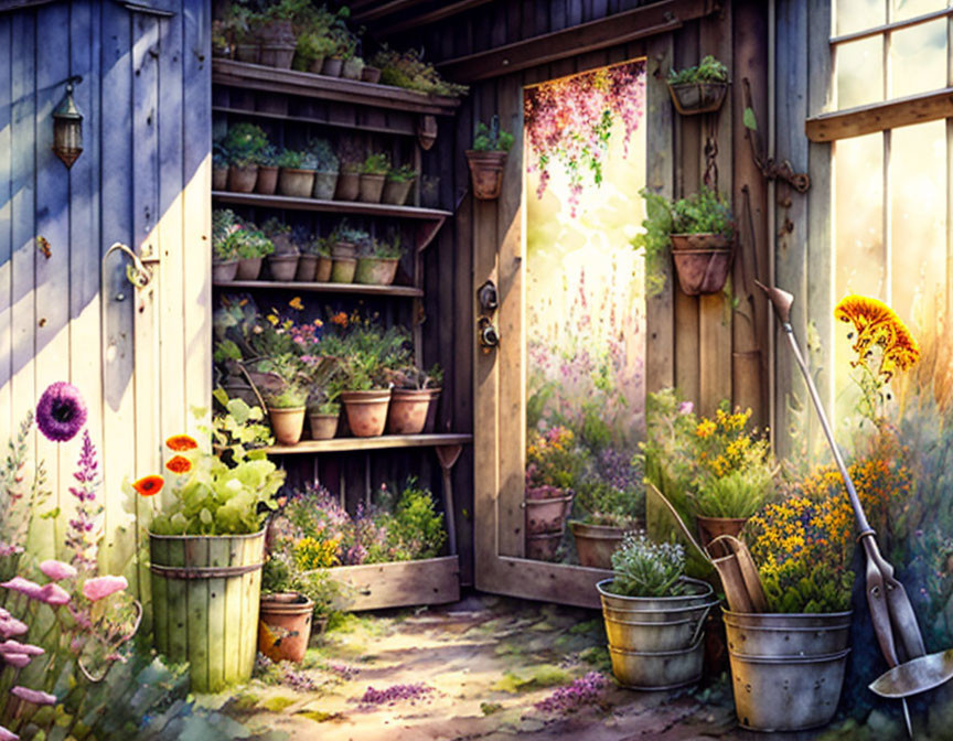 Vibrant garden shed interior with sunlight, plants, tools, and flowers