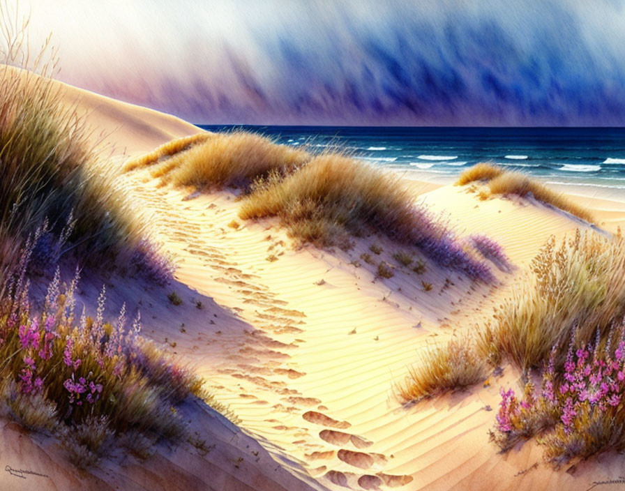 Tranquil beach scene with footprints, wildflowers, ocean, and gradient sky