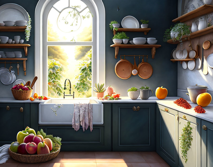 Sunlit kitchen with green cabinets, wooden shelves, fresh fruits, and copper pans.