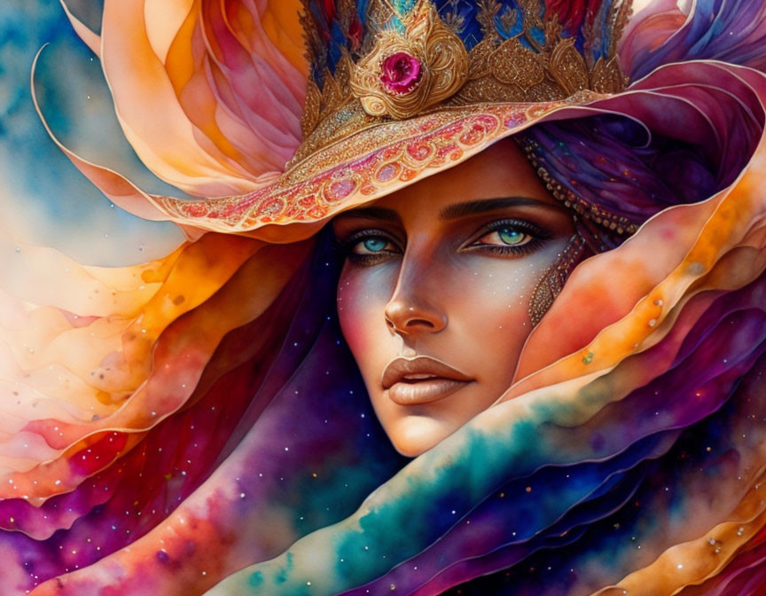 Vibrant illustration of woman with blue eyes in ornate headdress & cosmic scarf