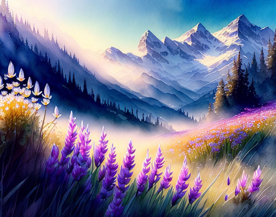 Vivid Watercolor Landscape: Purple Lupines, Wildflowers, and Dusk Mountains