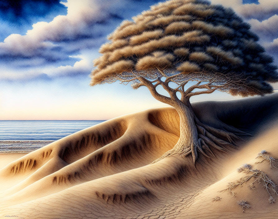 Surreal painting of lone tree on sand dunes with ocean and clouds