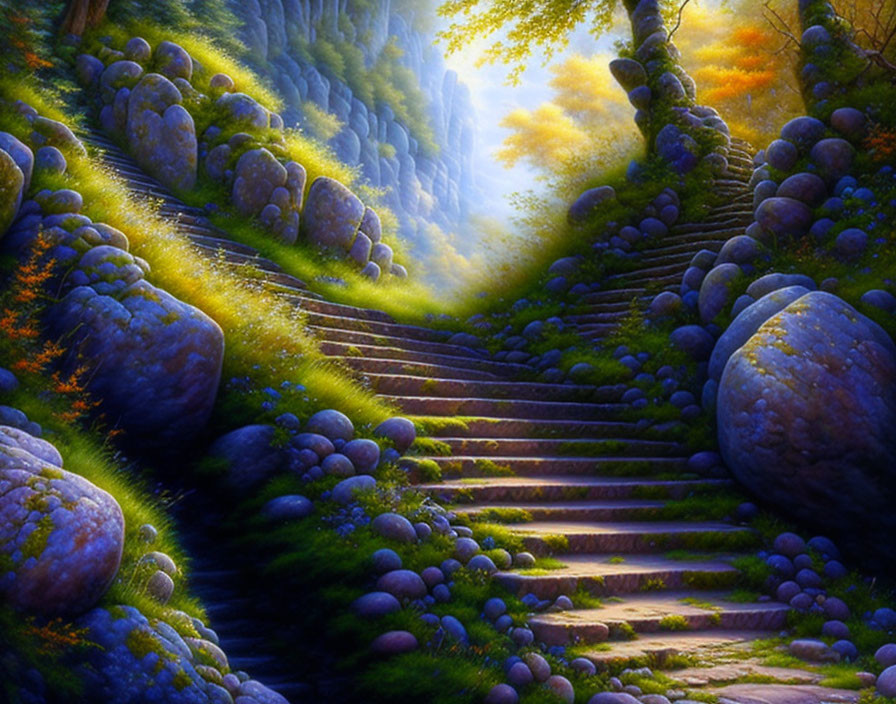 Stone steps in mystical forest with vibrant greenery and golden light