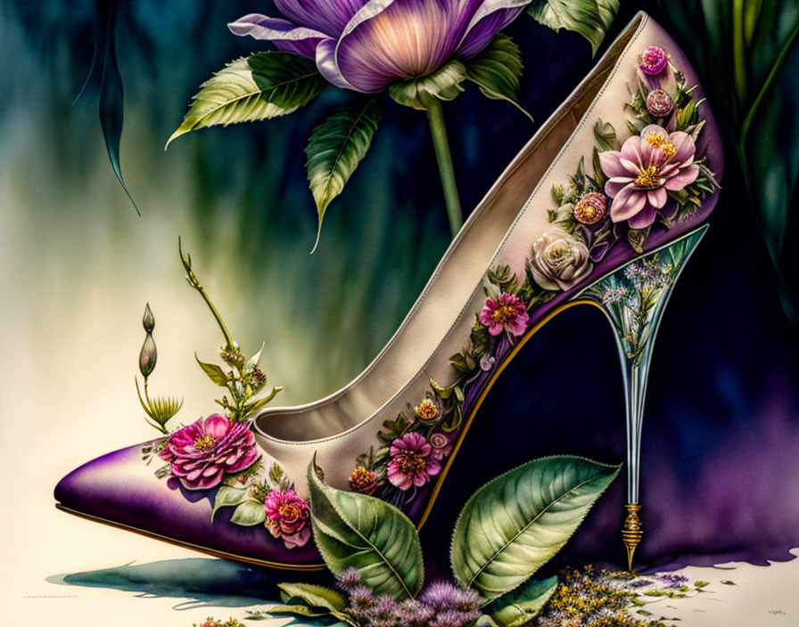 Floral Design High-Heeled Shoe on Botanical Background