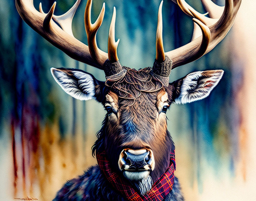 Majestic deer with antlers in tartan scarf on colorful background